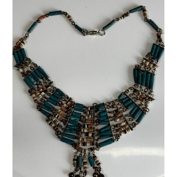 Vintage Tribal Howlite & Heishi Bead Fan Necklace With Patina Brass Chain 16" - Picture 11 of 11